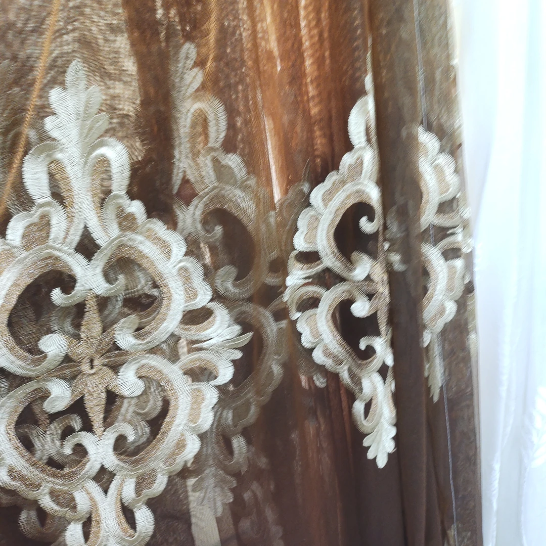 4611咖色欧花刺绣纱帘一片挂钩款