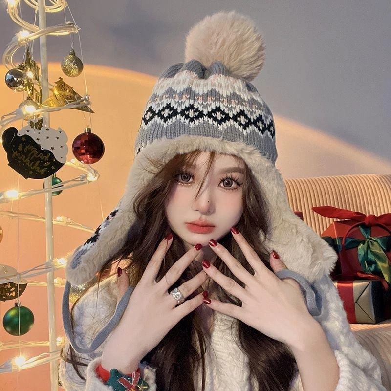 加绒加厚毛线帽子女秋冬韩版显脸小保暖骑行护耳防寒大头围雷锋帽