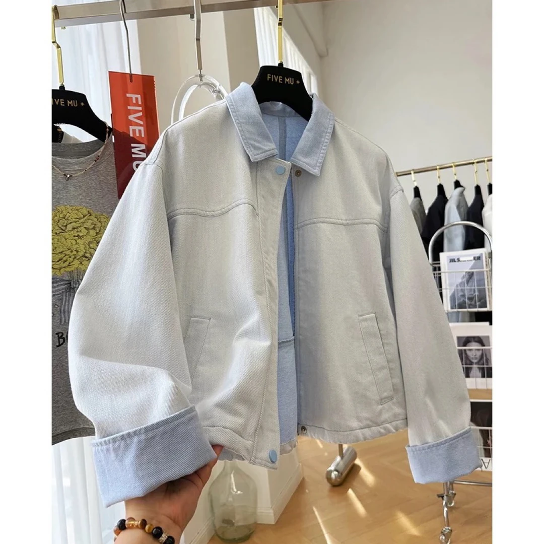 高级感超好看韩系休闲牛仔外套女秋季出游独特漂亮翻领夹克上衣