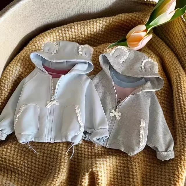 女童春季外套2025韩版新款蕾丝耳朵连帽卫衣韩版小众宝宝时尚衣服