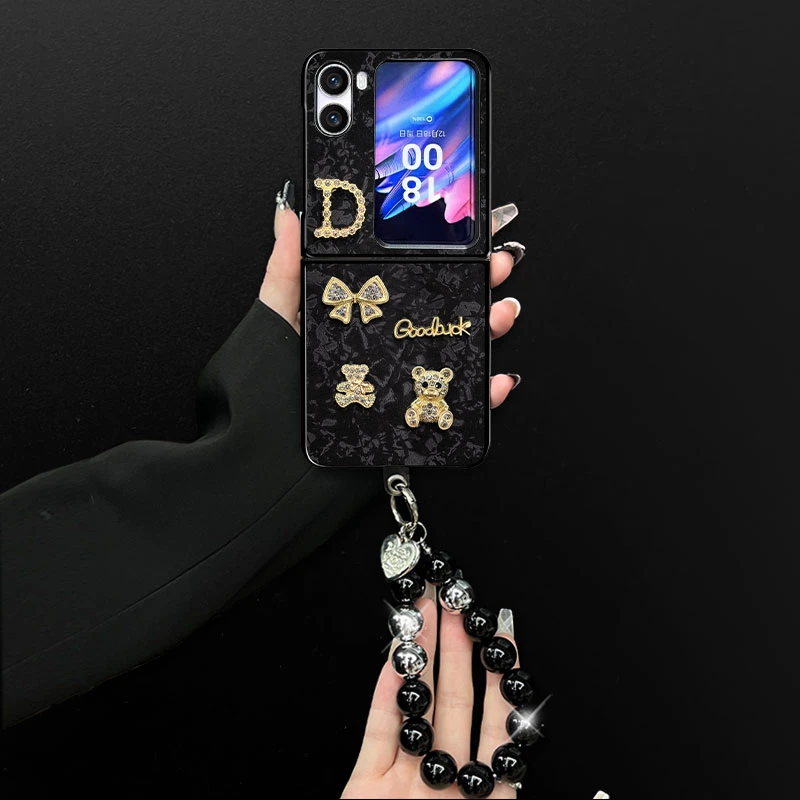 适用oppofindn2flip手机壳英文小熊二合一贝壳纹折叠壳全包保护套