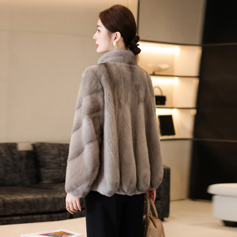 高端水貂毛皮草外套女冬季新款整貂裘皮立领天鹅绒貂皮大衣短款潮