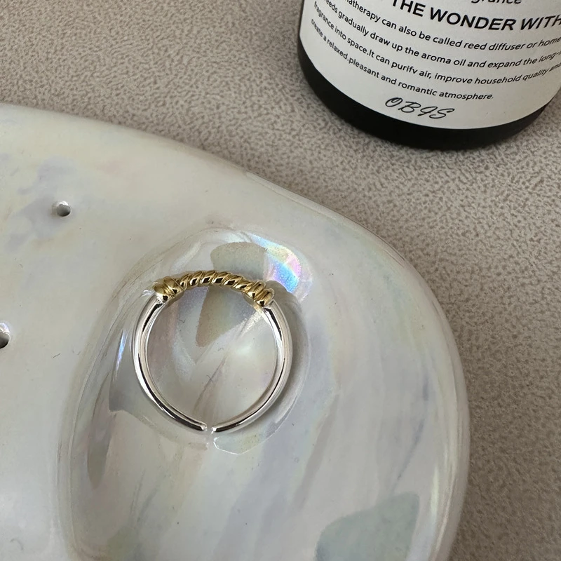 925银戒指 S925银【金银撞色麻花戒指】韩版小众简约时尚复古指环