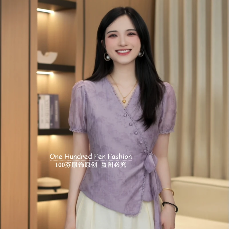 法式v领收腰系带泡泡短袖衬衫女夏季2025新款温柔风洋气减龄上衣