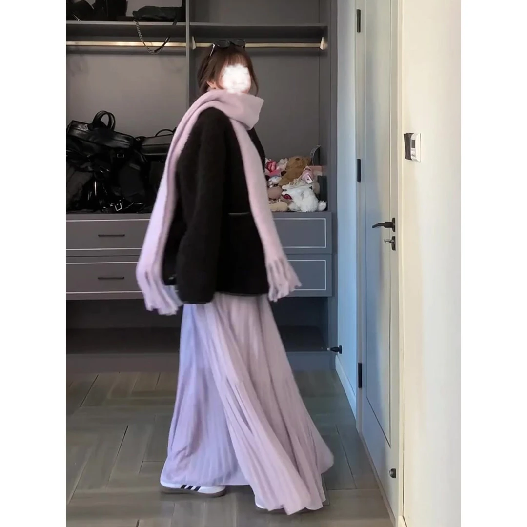 氛围感紫色高腰大裙摆半身裙女春秋压褶纱裙气质高级感a字长裙子