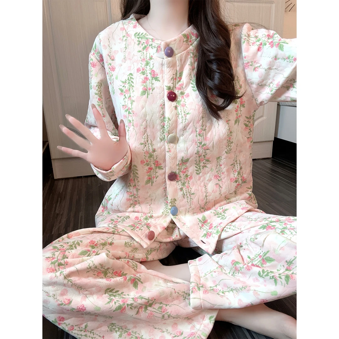 空气棉睡衣女甜美风小碎花秋冬季新款长袖夹层套装新款家居服冬天