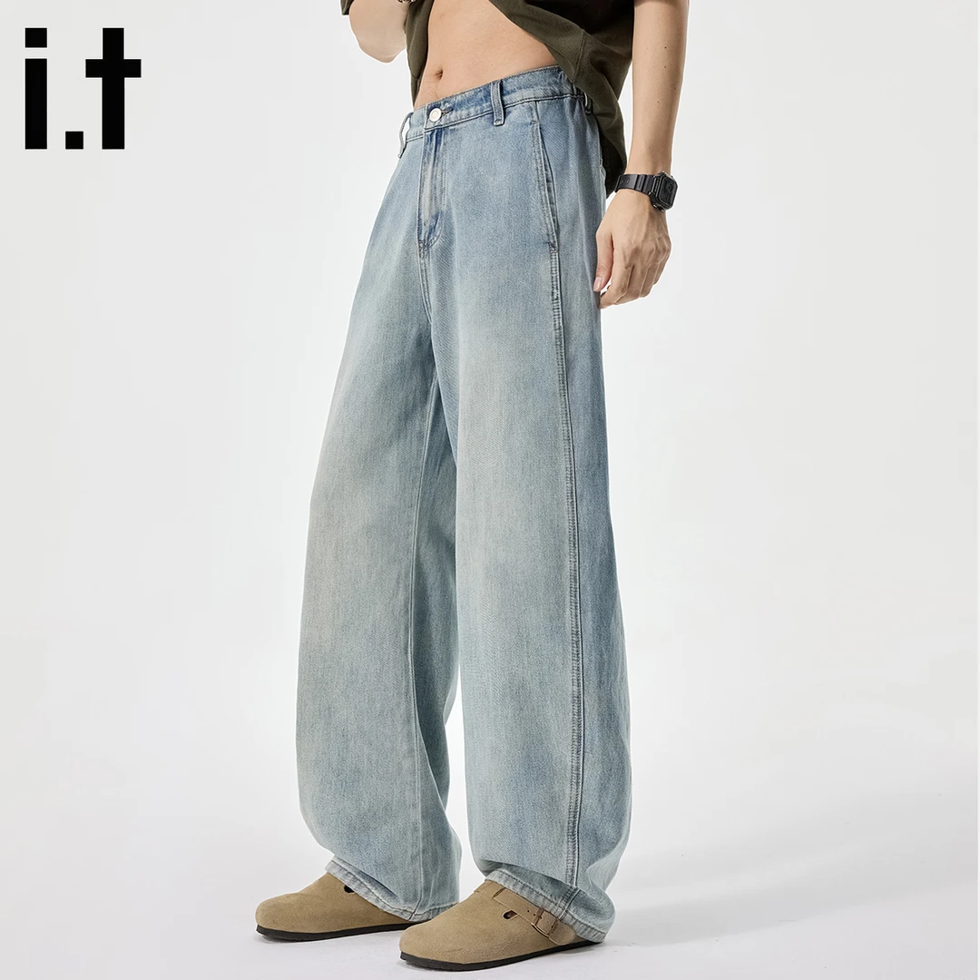 izzue牛仔裤凉感夏季高街阔腿裤男薄款宽松百搭直筒弯刀裤男款