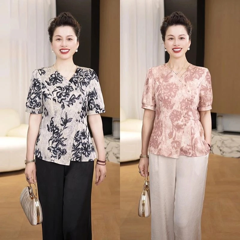 妈妈夏装短袖小衫洋气套装2025新款中老年时尚女装T恤上衣两件套