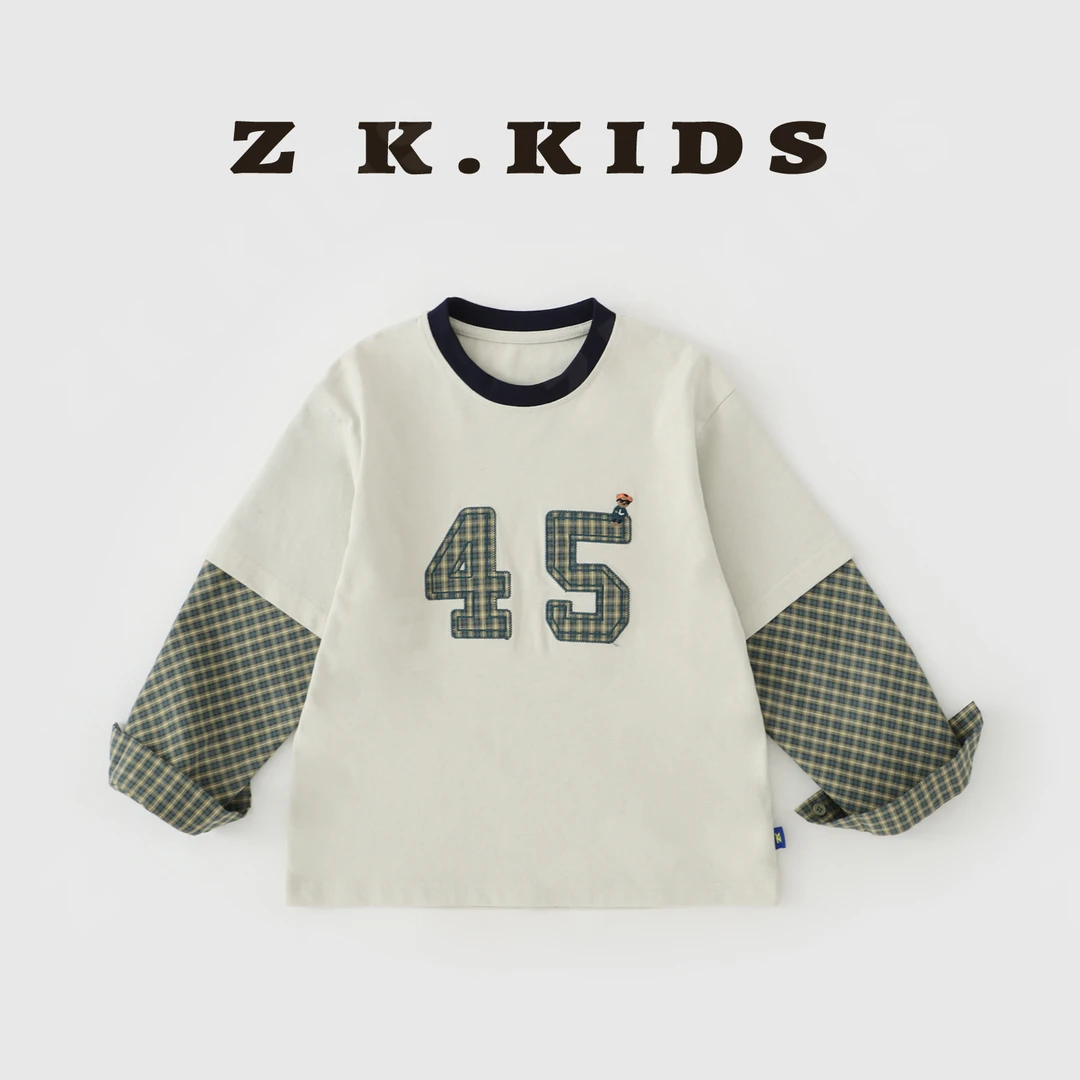 【Z＆K】春季中大童休闲时尚假两件宽松T恤百搭印花长袖ZK-2201137