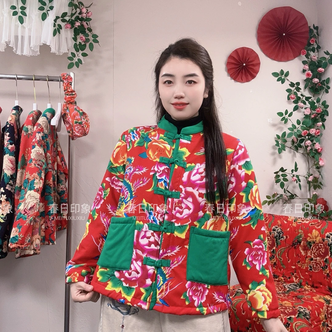 春秋新款网红中式复古拼接东北大花加绒外套中老年复古夹克上衣