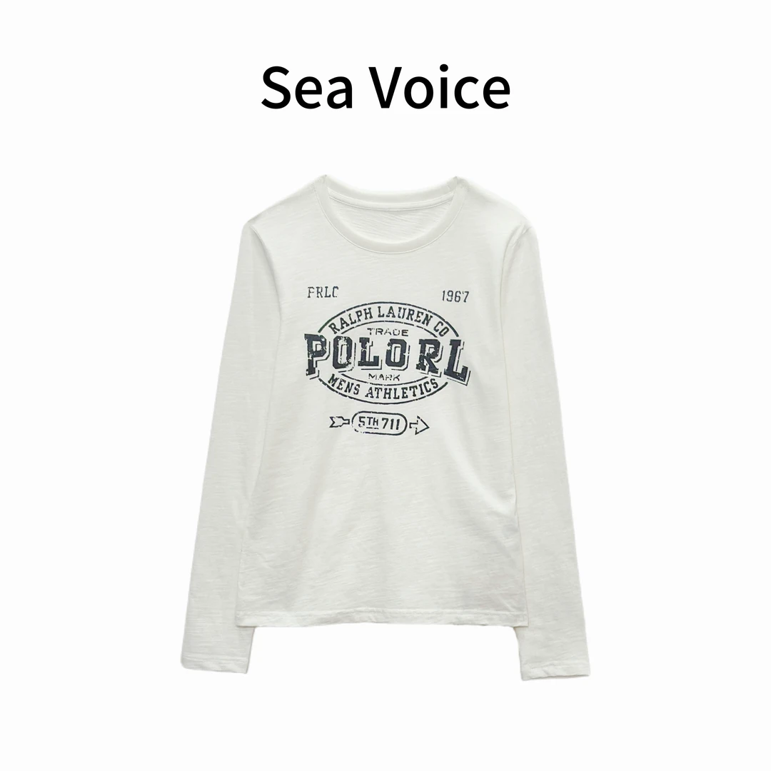 简约洋气复古字母印花白色百搭长袖上衣5595