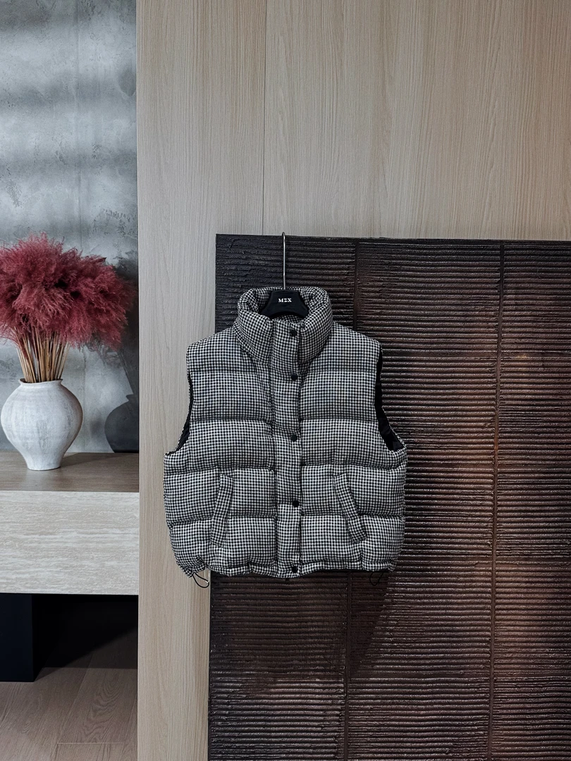 MZX100全亚麻新国标90白鸭绒经典格子立领冬季羽绒马甲YR5105-M