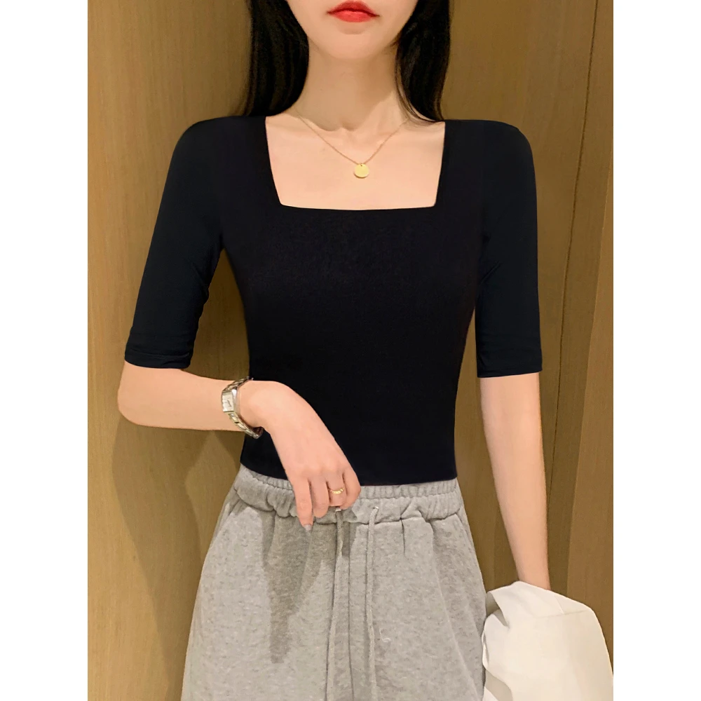 黑色中袖t恤女法式方领2025新款夏内搭打底衫五分袖秋款上衣春秋