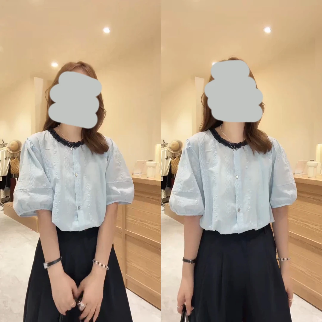 【清风自来】重工钩花刺绣贝壳扣面料韩系衬衣泡泡袖短袖上衣