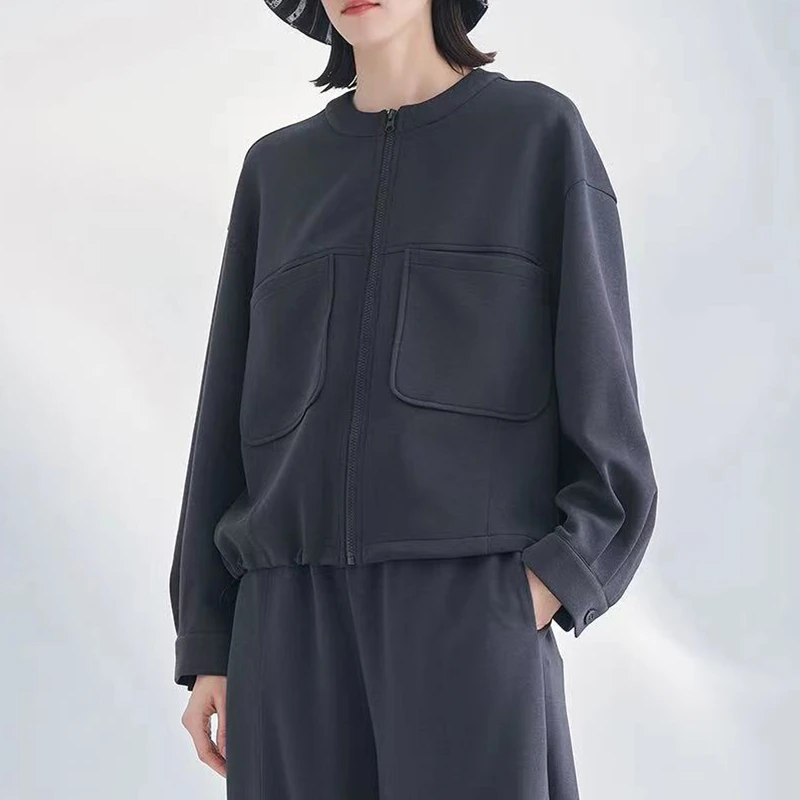 圆领短款外套女衬衫袖大口袋休闲卫衣百搭宽松大码显瘦开衫上衣女