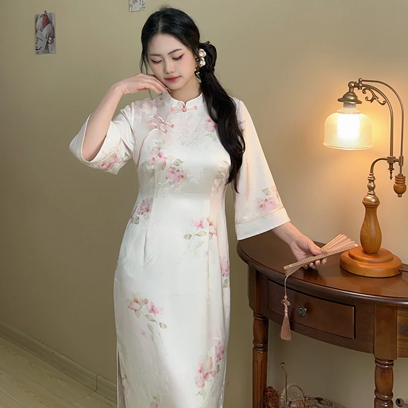 海棠花【自制款】温柔小清新倒大袖新中式旗袍大码胖mm年轻款少女