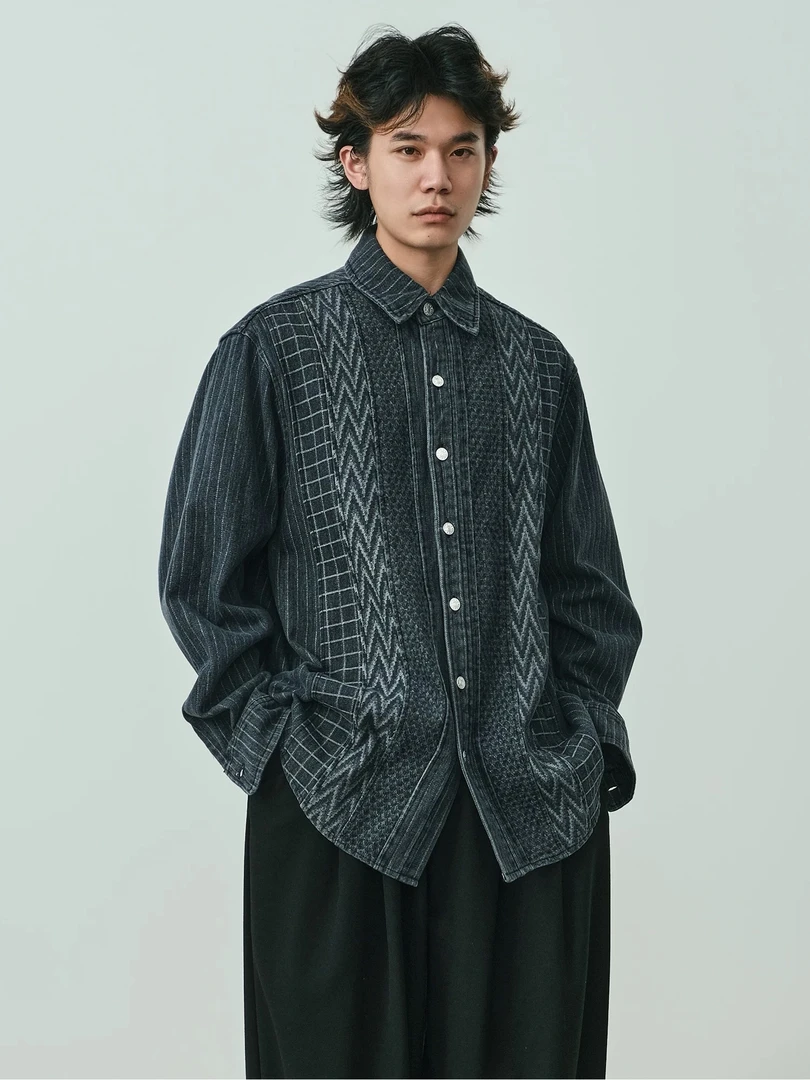 复古花纹翻领宽松长袖衬衫秋季日系软牛仔衬衣外套情侣-0321