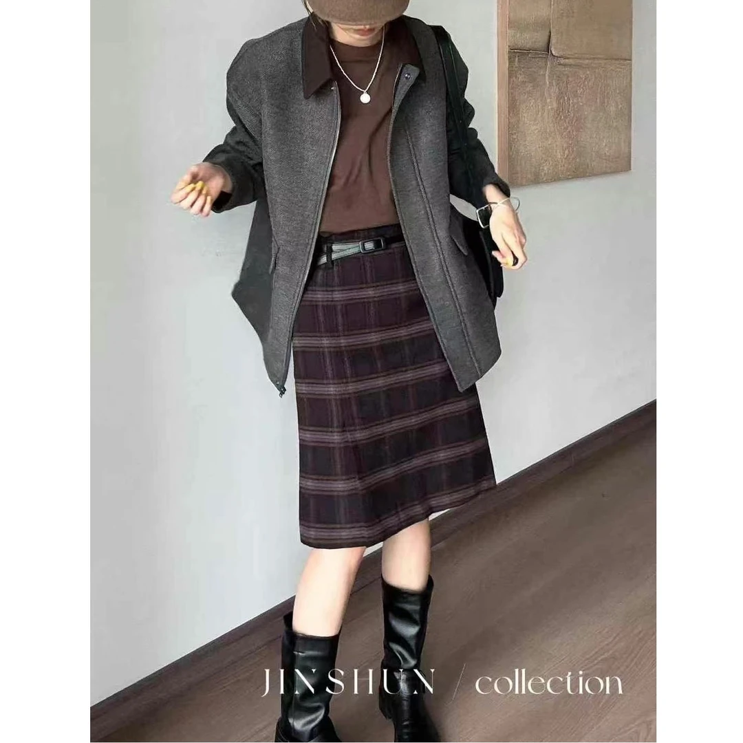 KIKI严选：68189-YS家欧洲站南油秋冬新款配腰带复古格子半身裙