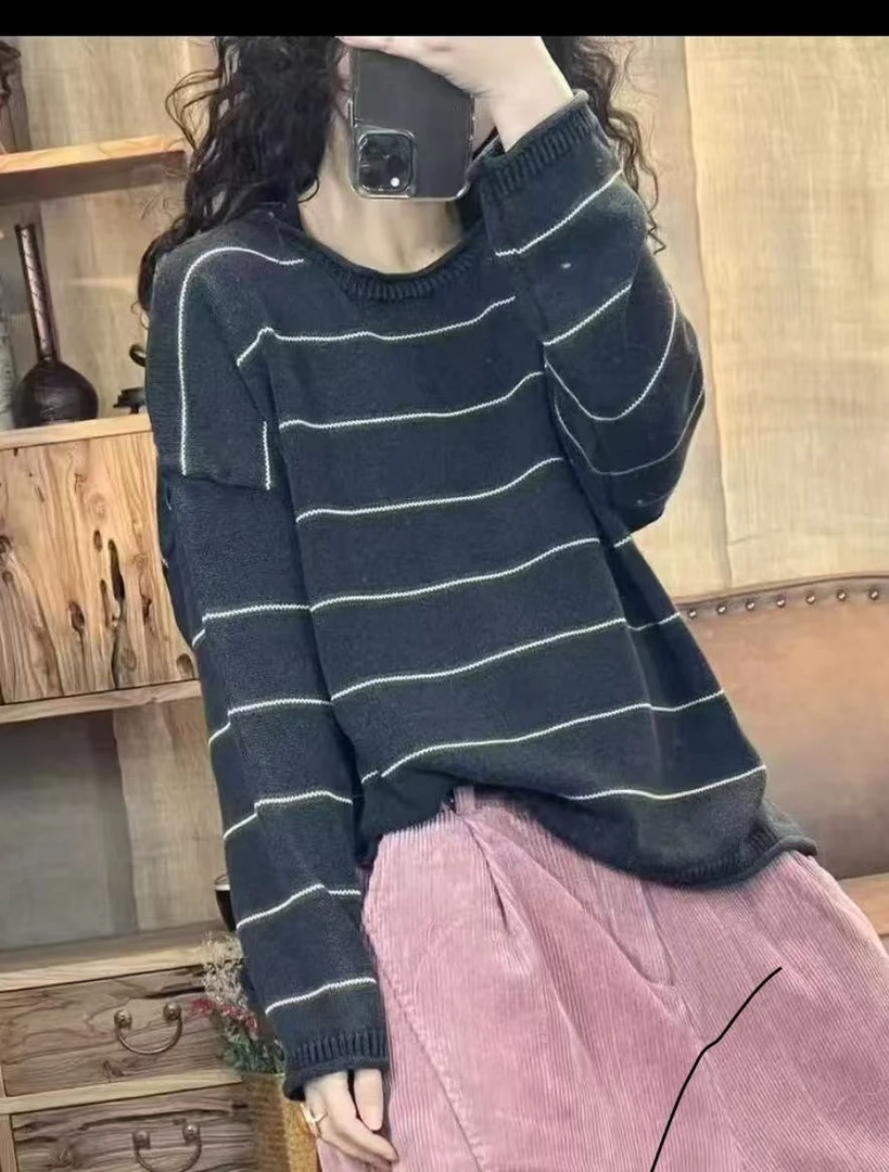 圆领套头横条百搭毛衣5977003
