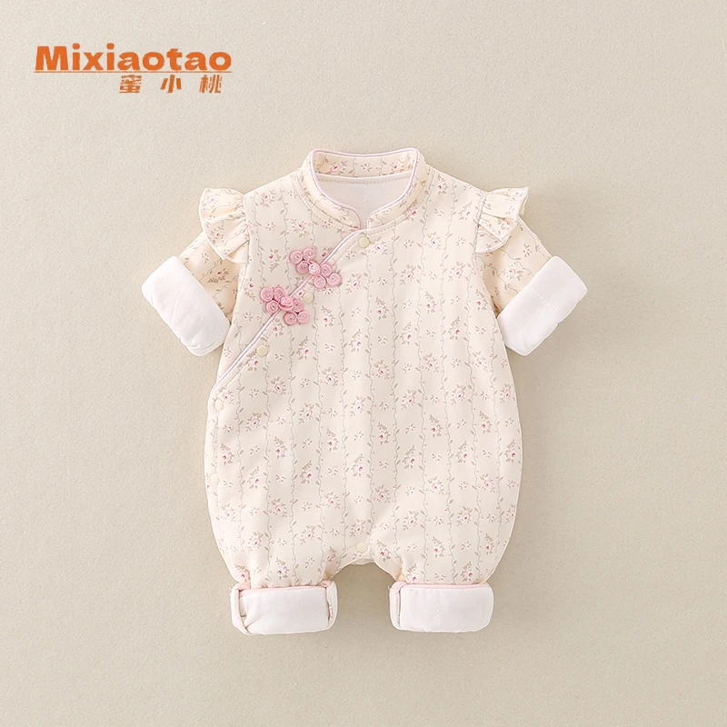 40克烟雨 江南秋冬款夹棉婴幼儿飞袖盘扣闭档连体衣哈衣外出服