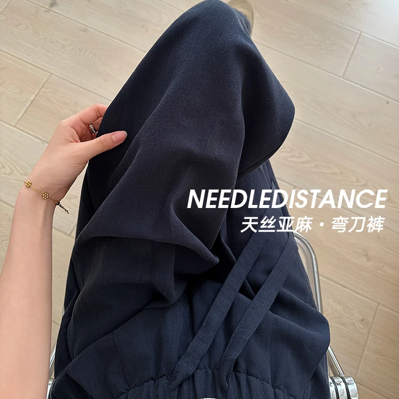 天丝亚麻弯刀裤夏季新款抽绳松紧遮胯显瘦垂感时髦百搭休闲弯刀裤