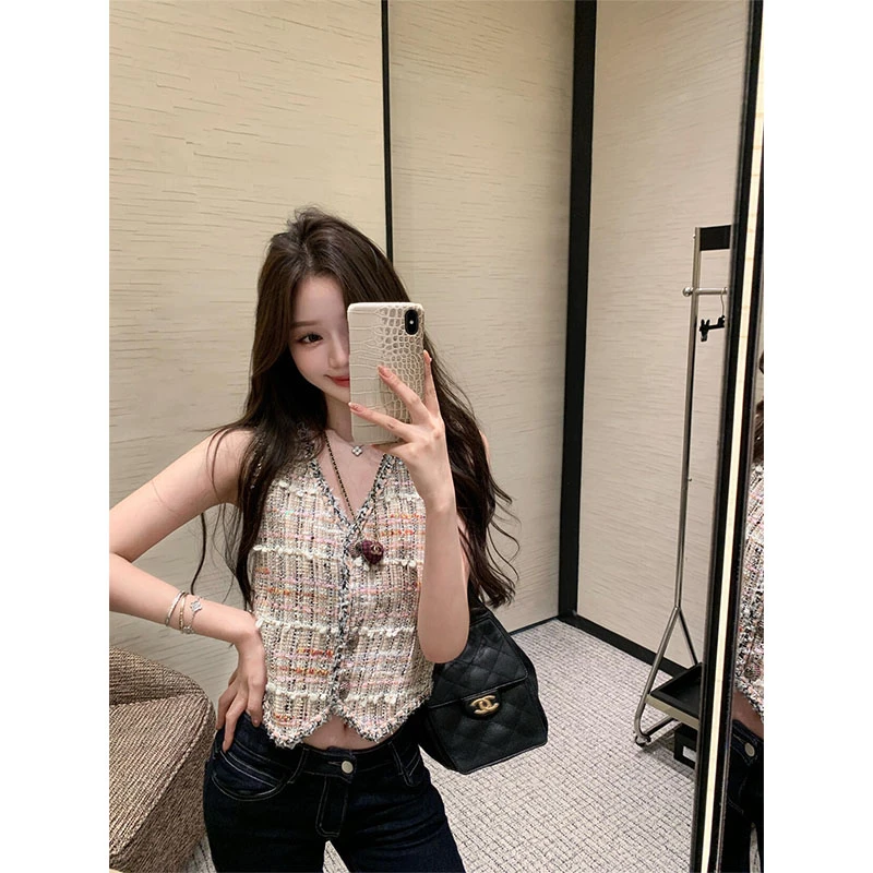 2025夏季千金感小香风轻奢高级感时尚马甲上衣高腰复古百搭牛仔裤