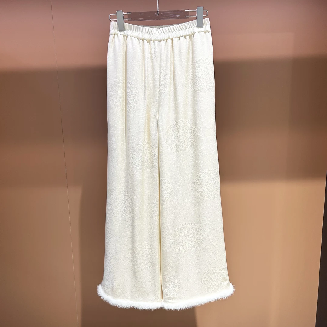 真丝花罗棉裤米色裤脚貂毛加棉长裤凤纹