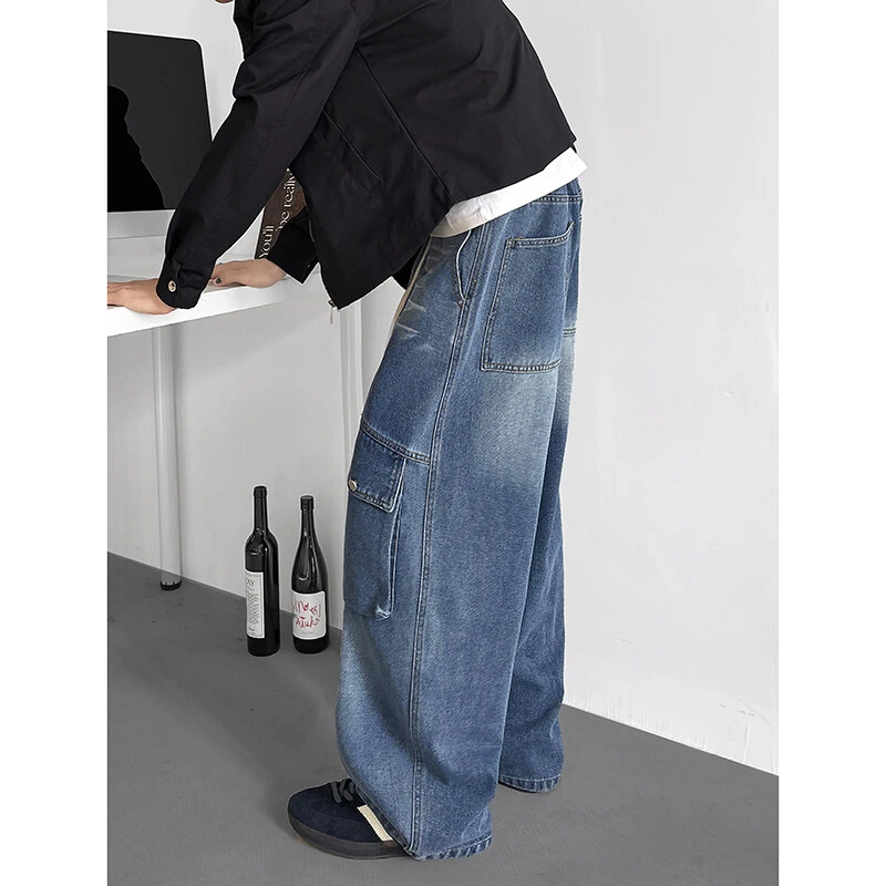 美式复古大口袋工装牛仔裤男春秋cleanfit潮牌痞帅裤子宽松阔腿裤