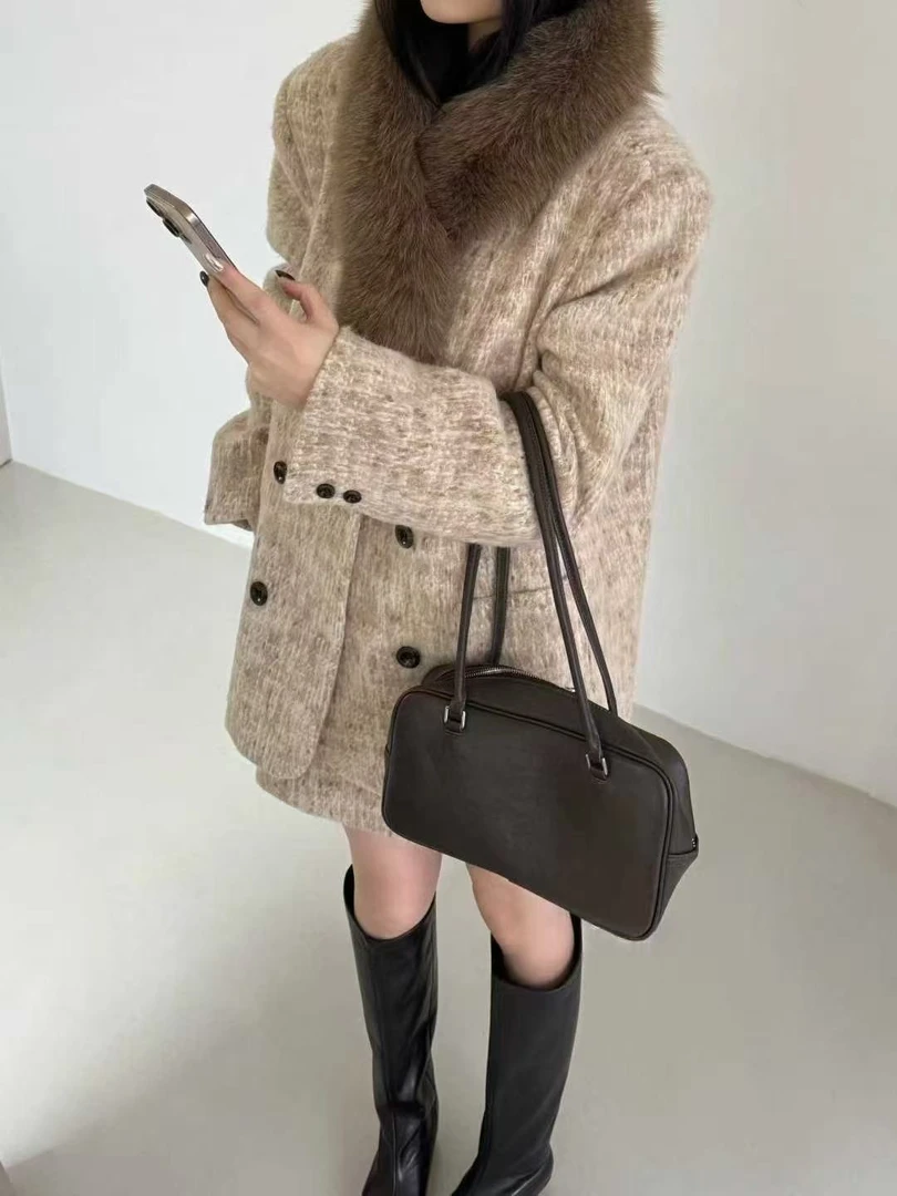 年款冬日暖棕千金风羽绒套装女双排扣外套半身短裙两件套#25178
