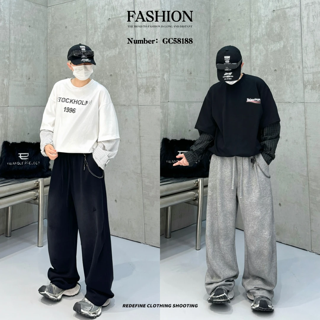 秋新款透气通勤风秋季宽松型水洗休闲裤ins高街裤子潮流阔腿58188