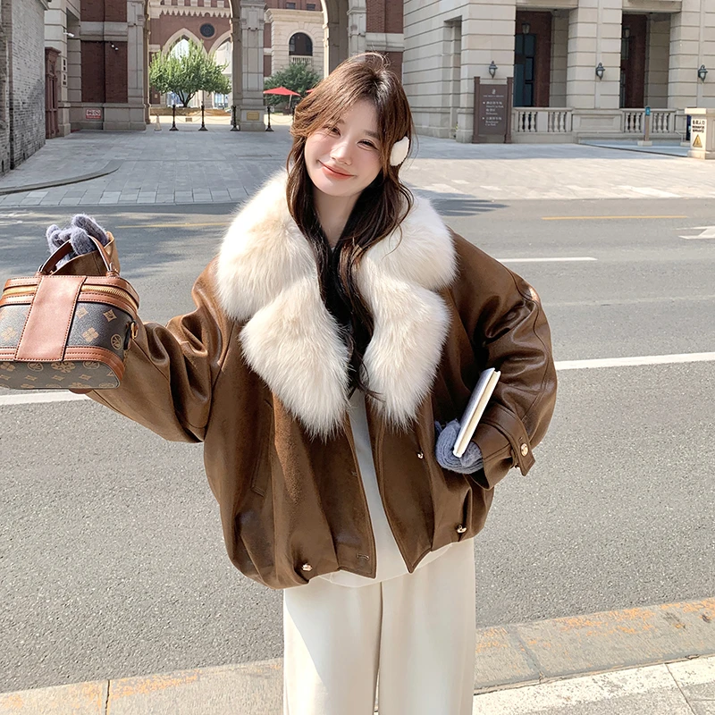 美拉德高级感PU皮大毛领羽绒服女2025冬新款轻奢气质羽绒内胆外套