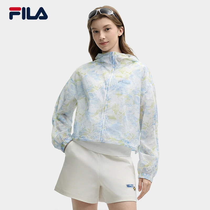 Fila/斐乐潮流满印梭织运动外套女士夏季新款休闲薄款连帽上衣