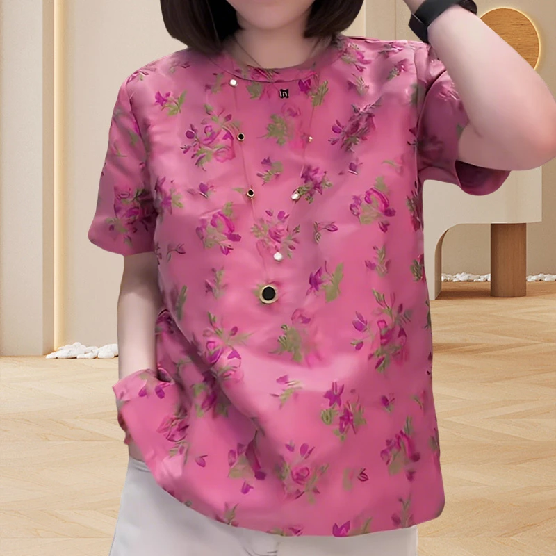 新款国风粉色花朵印花轻奢短袖女t恤气质上衣时尚休财阀千金女装