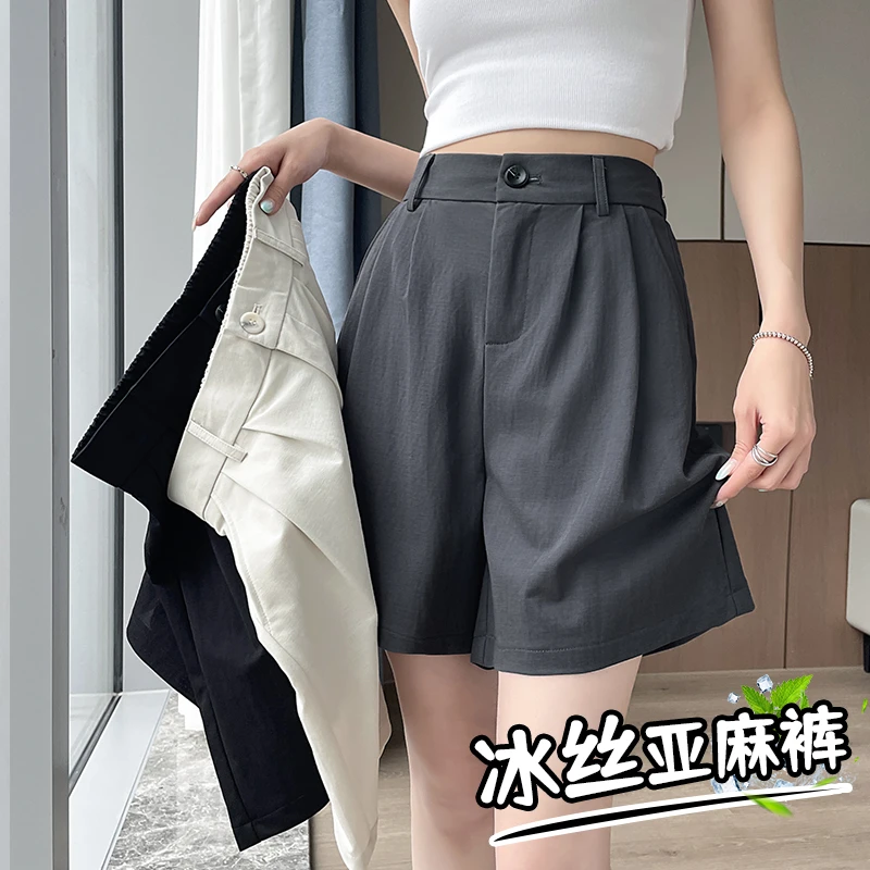 冰丝亚麻短裤女外穿夏季薄款2025新款高腰阔腿中裤休闲五分西装裤