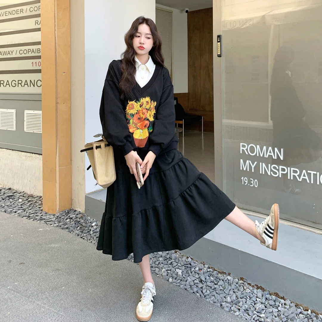 艺术生穿搭向日葵油画印花套装裙女春秋季假两件卫衣半身裙两件套