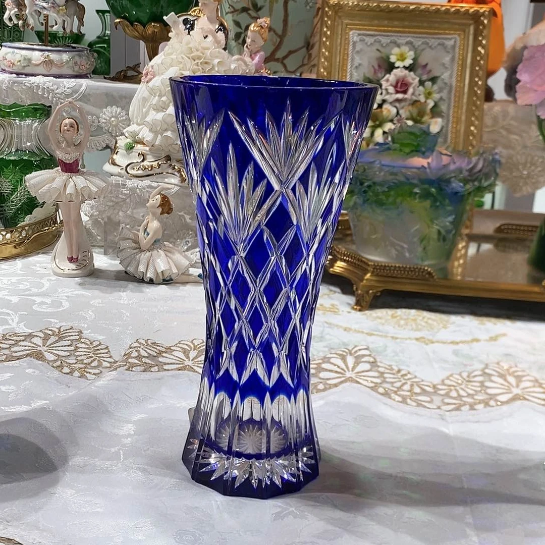 摆件福利进口水晶钴蓝色小蛮腰花瓶