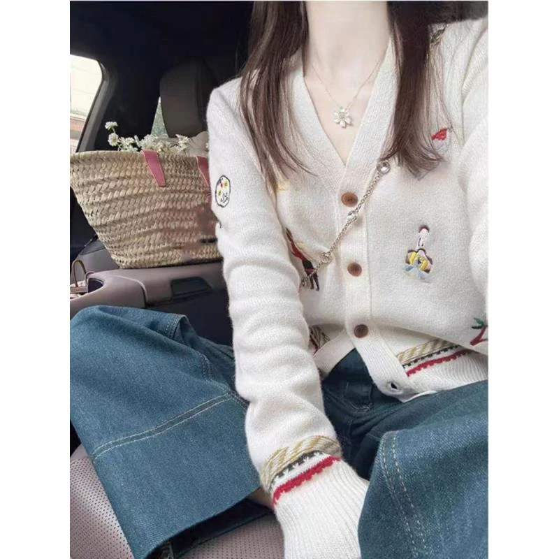 小香风复古刺绣v领长袖毛衣开衫外套女秋冬季软糯宽松针织衫上衣