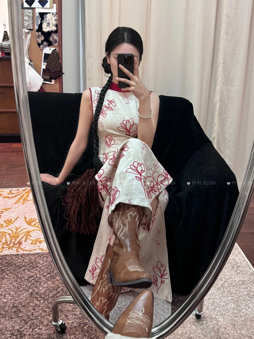 阿轩XUAN 【点绛唇】刺绣无袖长裙新中式艺术感小众旗袍裙