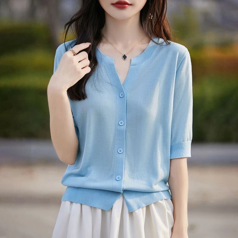 新款100%莱赛尔纤维天丝半开v领短袖开衫