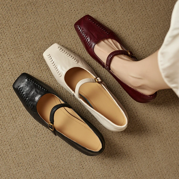 头层羊皮5cm～内增高方头舒适玛丽珍时尚气质百搭新款浅口单鞋坡跟