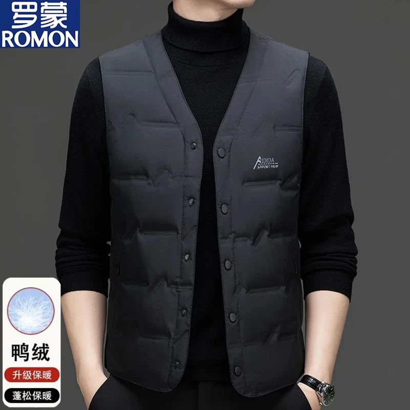 罗蒙90白鸭绒冬季男士新款羽绒背心休闲轻薄保暖时尚潮流马甲外套