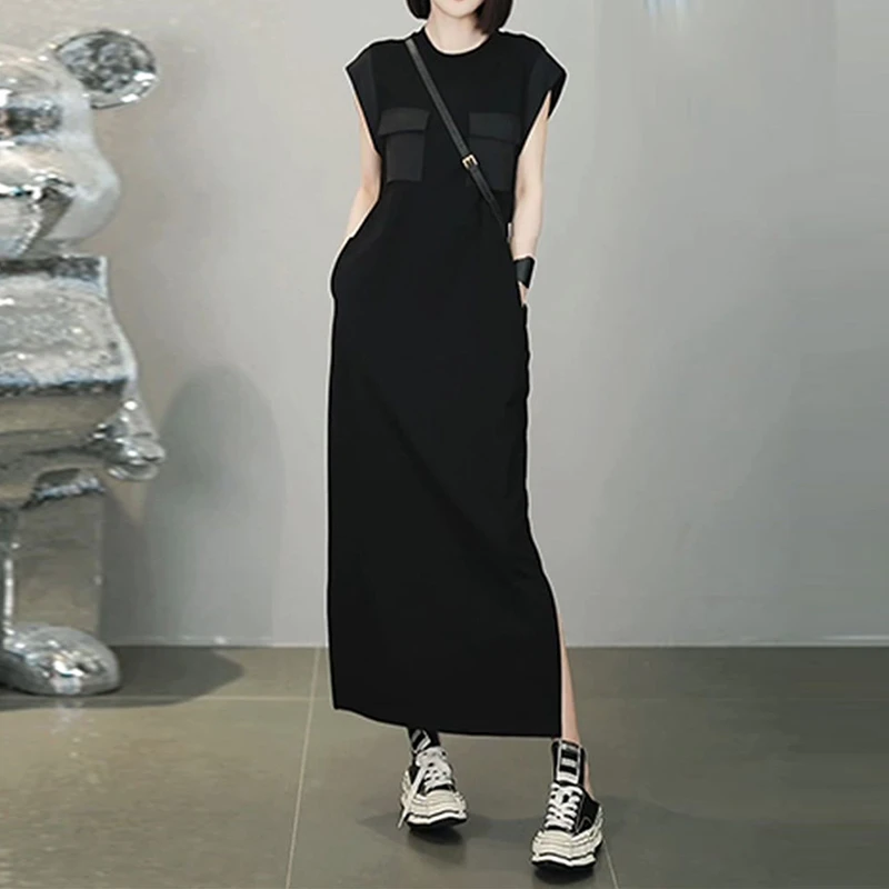 韩版法式口袋设计连衣裙2025夏季新款高级开叉裙子气质黑色长裙潮