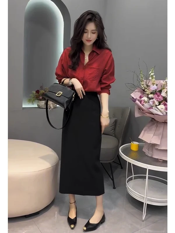 早秋气质女士翻领长袖衬衫高腰开叉裙子盐系减龄轻熟高级感两件套