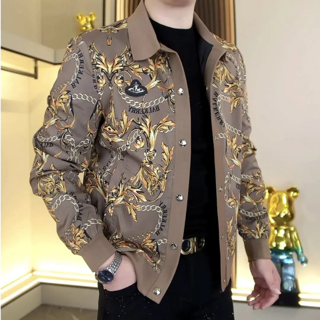 奇珀菲仑欧货站潮牌外套春秋季翻领休闲花色夹克男修身印花上衣