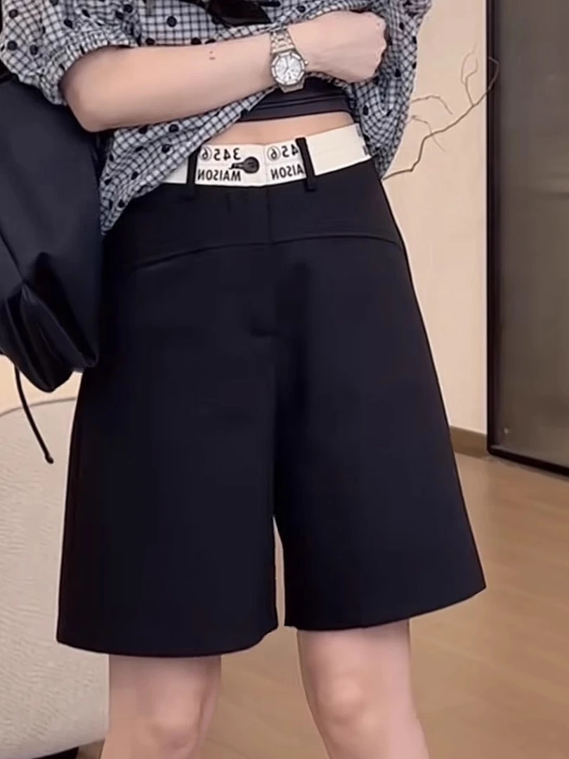 黑色西装五分裤女夏季薄款梨形身材大码中裤高腰显瘦休闲阔腿短裤