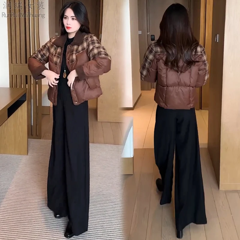 设计感格纹拼接翻领短款棉服女2025冬季新款洋气百搭休闲短外套潮