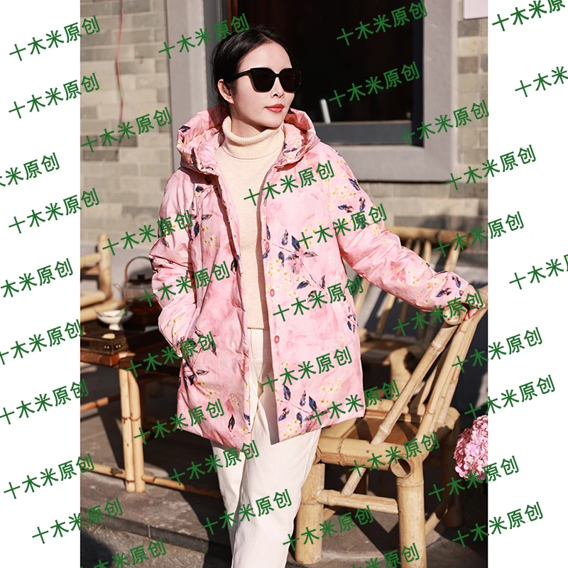 西湖月/十木米原创冬季新款全棉印花文艺显年轻连帽棉服外套女
