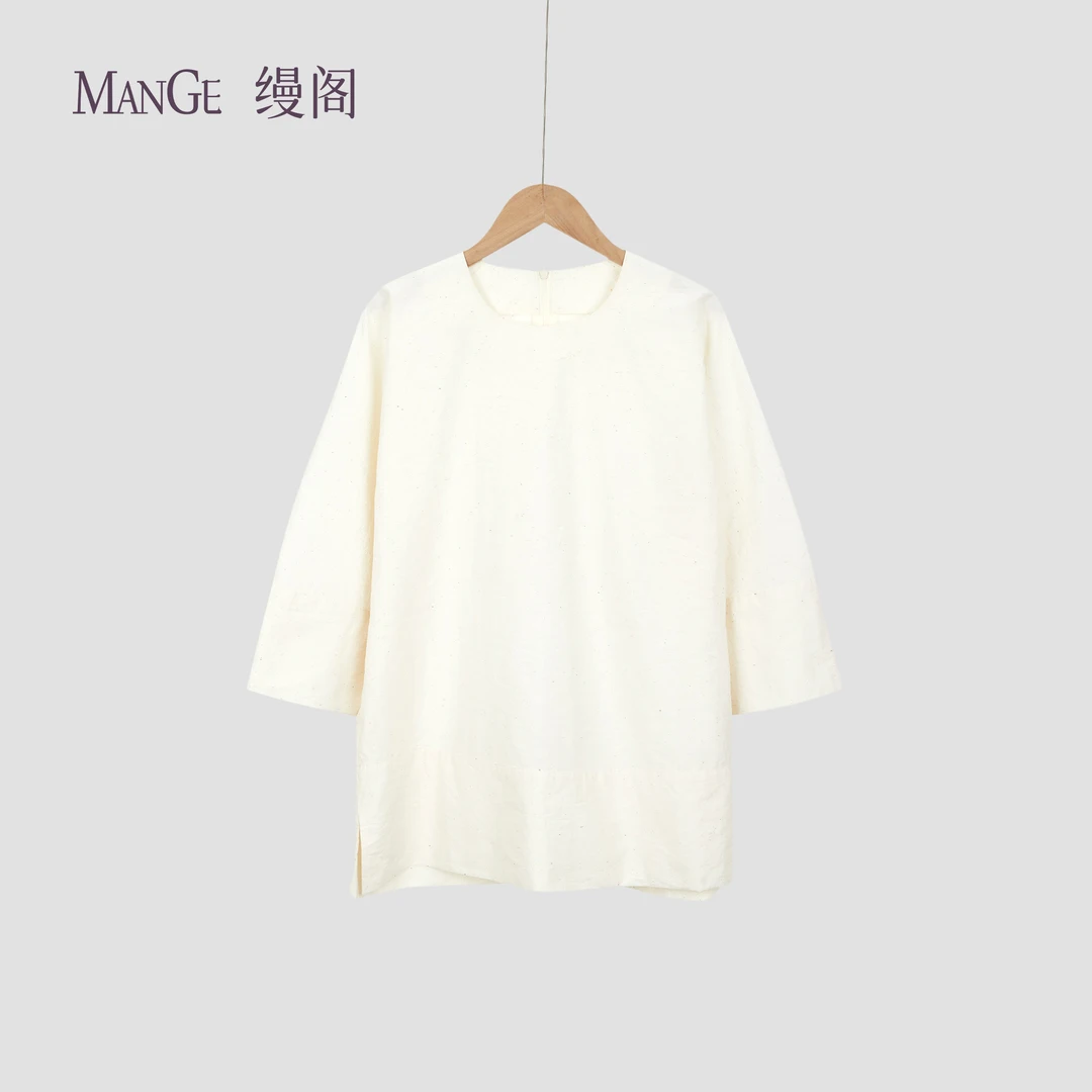 MANGE缦阁 100%棉 原胚布 极简宽松舒适 侘寂风圆领七分袖上衣
