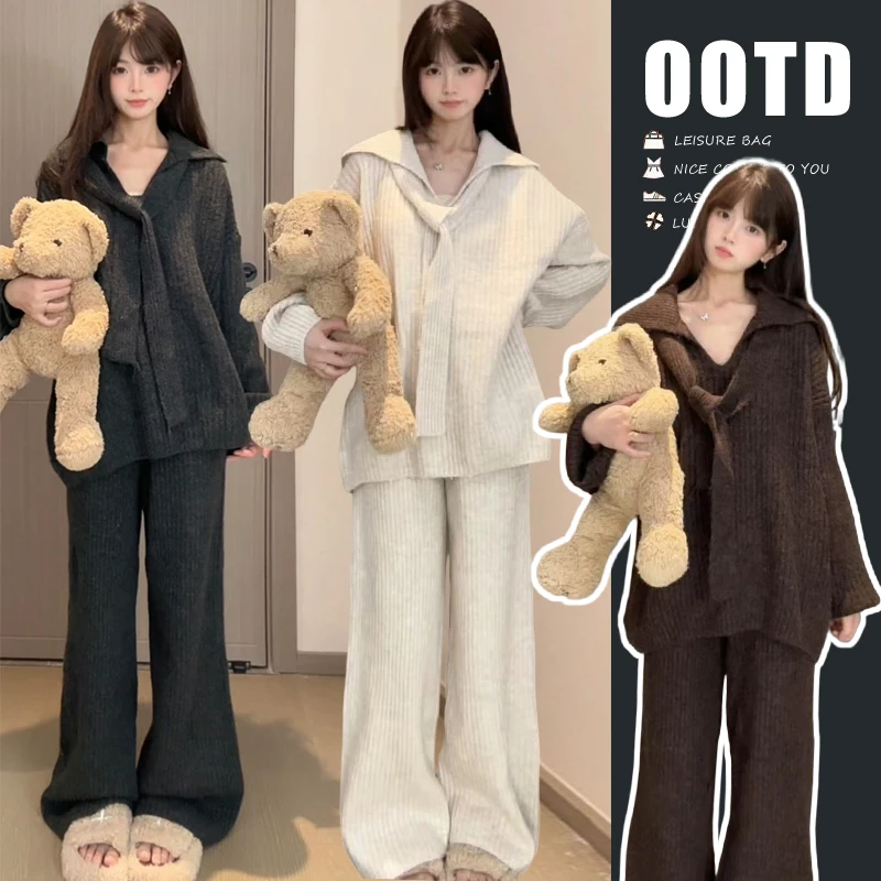 秋季孕妇装时髦洋气秋冬孕妈时尚宽松高级感飘带针织上衣+阔腿裤