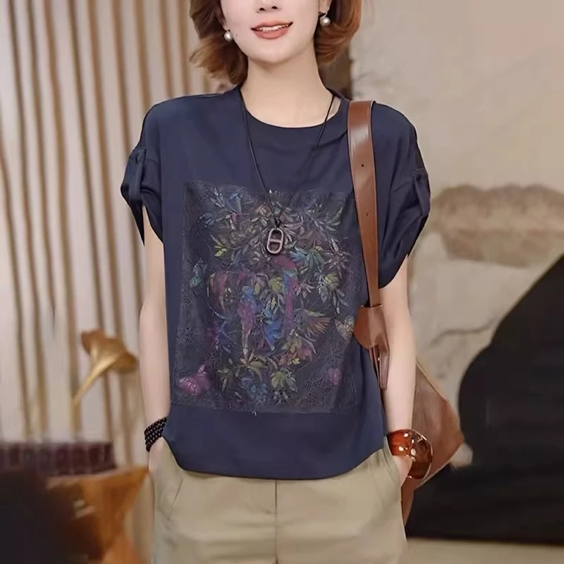 女士短袖t恤2025夏季新款时尚洋气减龄宽松显瘦镂空刺绣印花上衣